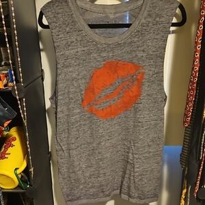 Fifth Sun Heather Gray Muscle Tee with Bold RED Lips